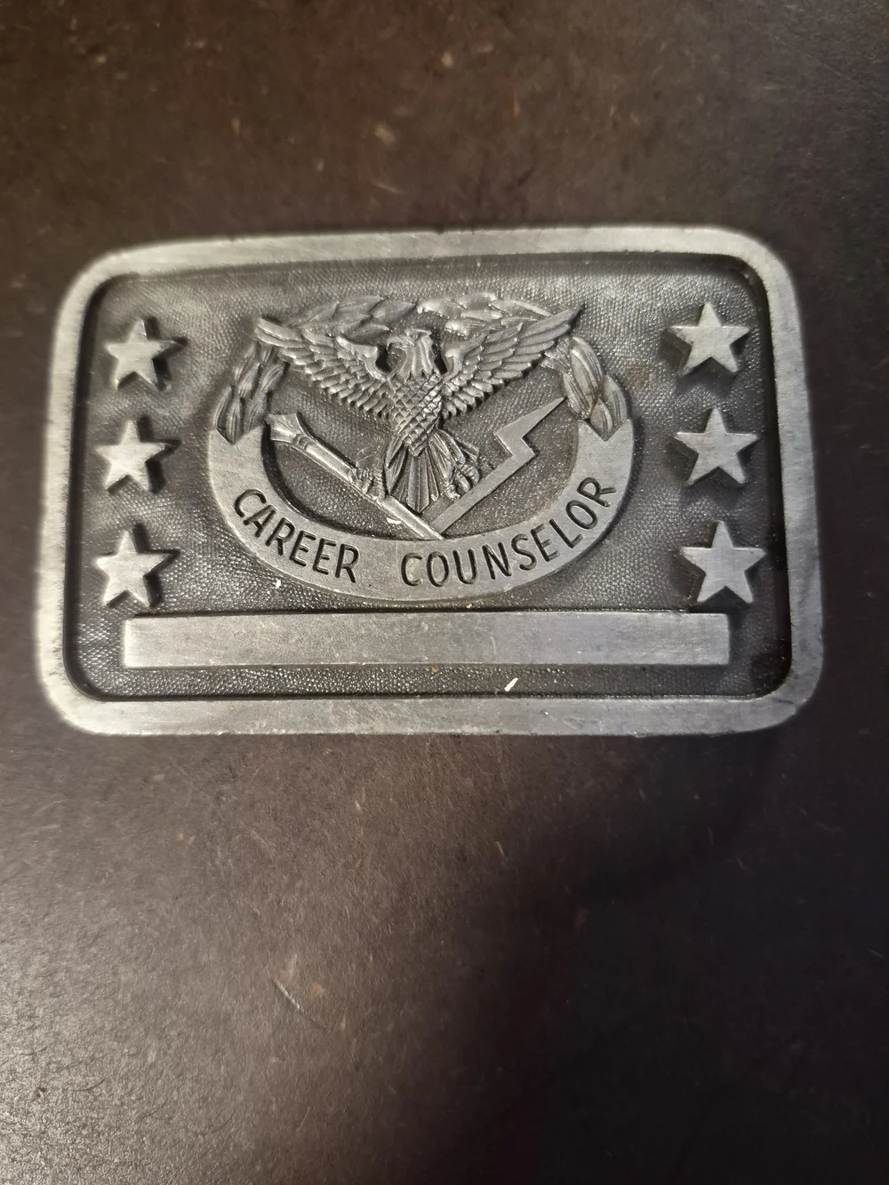 Vintage 70s US Army Career Counselor Pewter Tone Rectangular Belt Buckle 1237